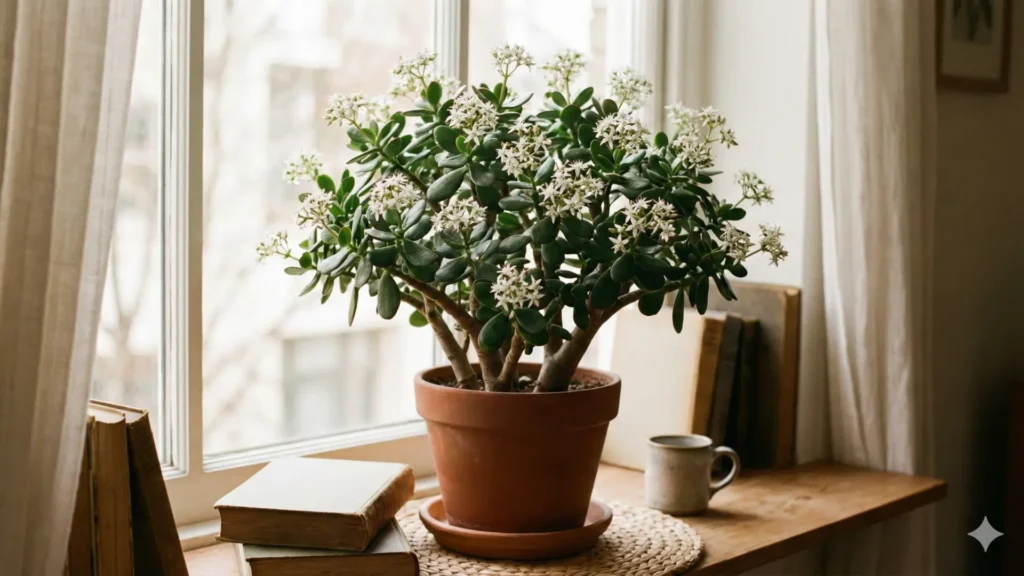 Suculenta jade adulta com flores brancas pequenas cultivada em vaso próximo à janela com boa iluminação natural