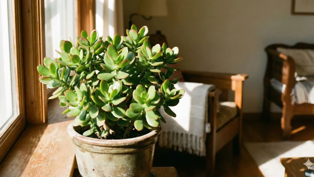 Suculenta jade em vaso de cerâmica posicionada próxima à janela recebendo luz solar direta
