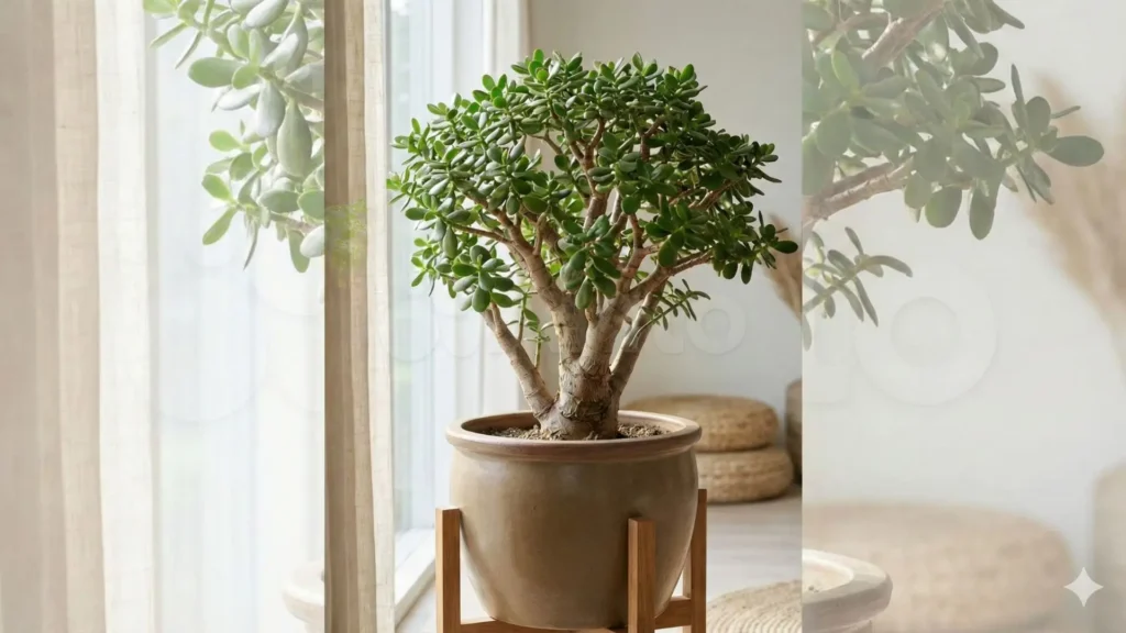 Suculenta jade grande e adulta cultivada em vaso, com tronco grosso e copa bem formada dentro de casa