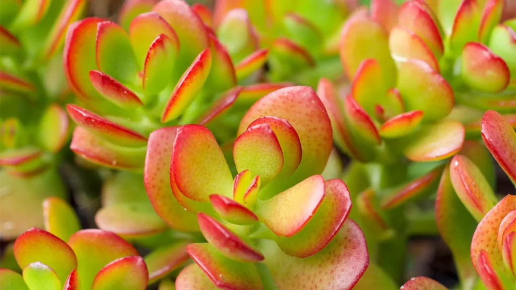 Suculenta jade mini com folhas pequenas e arredondadas, apresentando bordas avermelhadas e crescimento compacto