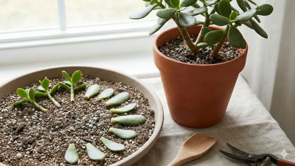 Mudas de suculenta jade feitas a partir de folhas e galhos posicionados sobre substrato seco para enraizamento