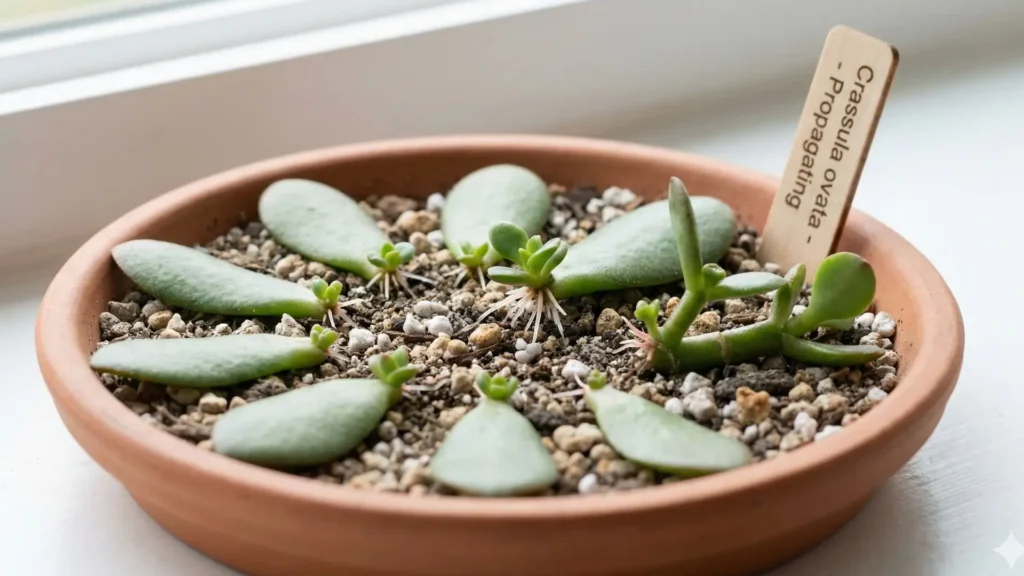 Mudas de suculenta jade feitas a partir de folhas e galhos posicionados sobre substrato seco para enraizamento