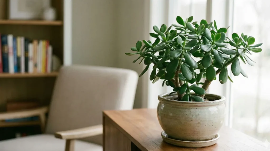 Suculenta jade adulta em vaso de cerâmica clara sobre mesa de madeira próxima à janela com luz natural