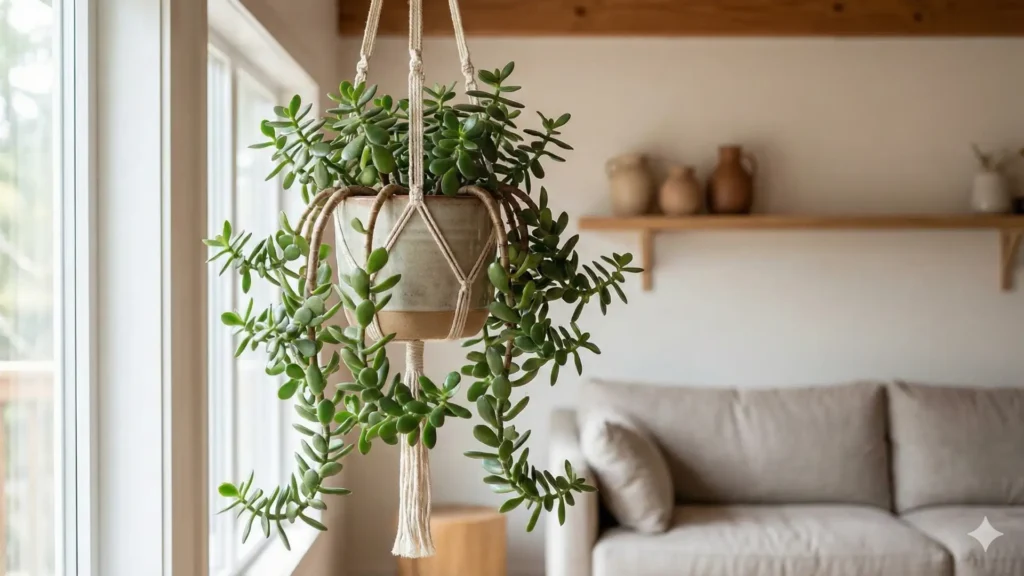 Suculenta jade pendente cultivada em vaso suspenso com ramos alongados e caídos em ambiente interno bem iluminado