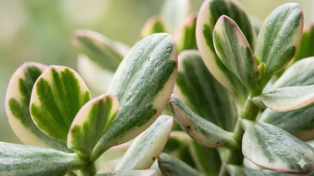 Detalhe das folhas variegadas da suculenta jade com mesclas em verde, creme e bordas rosadas