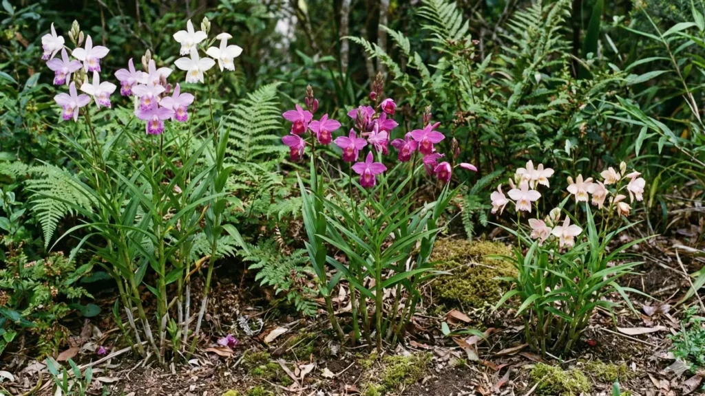Diferentes cores de orquídea bambu cultivadas no jardim, com flores brancas, rosadas e lilás