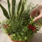 Mão tocando cuidadosamente um vaso de 7 ervas com arruda, alecrim, manjericão e espada-de-são-jorge