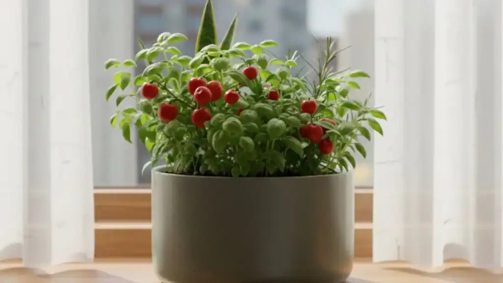 Vaso 7 ervas em apartamento, posicionado próximo à janela, com luz natural suave e vista urbana ao fundo.