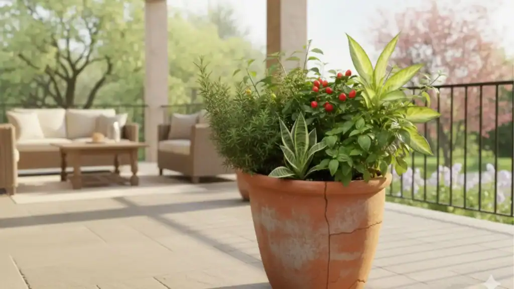 Vaso 7 ervas grande em varanda iluminada com espada-de-são-jorge, alecrim, manjericão e pimenteira