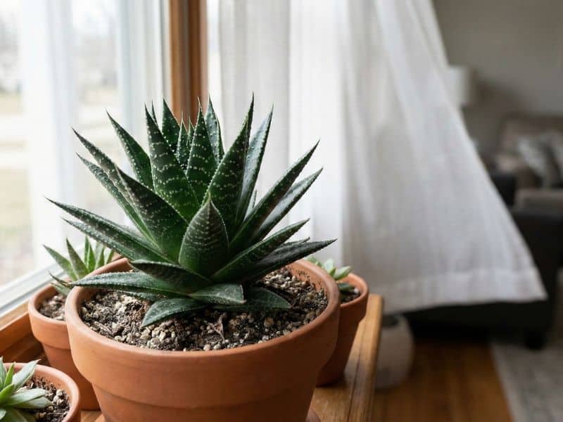 Aloe aristata em vaso cultivada dentro de casa, posicionada perto da janela como parte da rotina de cuidados diários