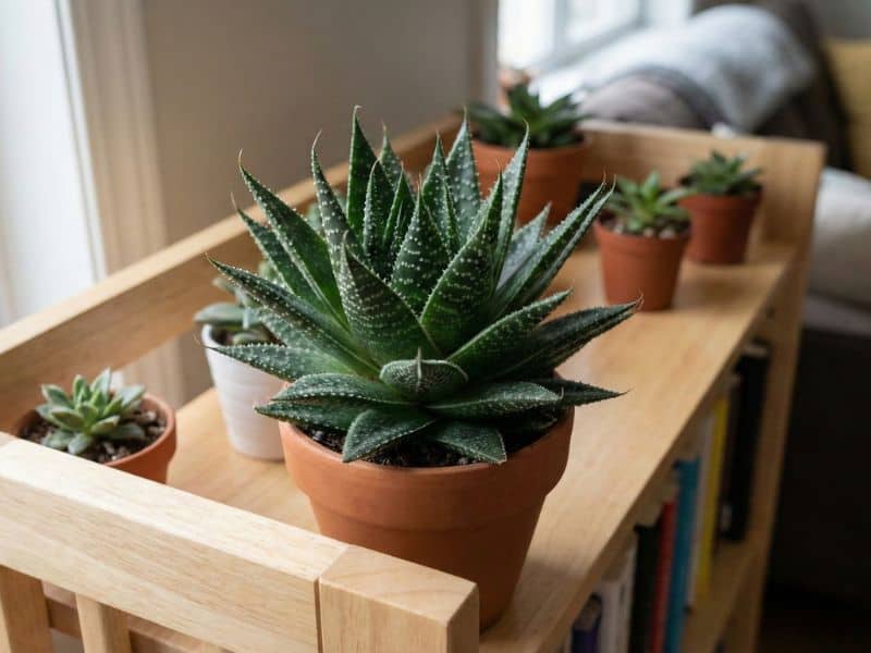 Aloe aristata cultivada dentro de casa, em vasos sobre móvel de madeira, com luz natural indireta