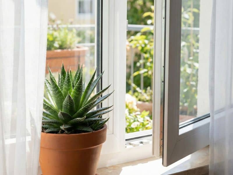 Aloe aristata cultivada dentro de casa durante todo o ano, posicionada próxima à janela com luz natural indireta