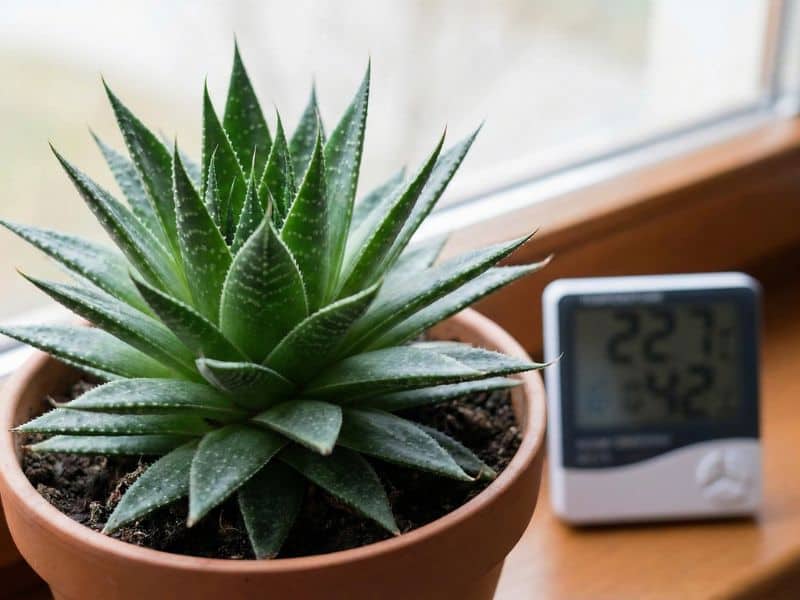 Aloe aristata cultivada dentro de casa, próxima à janela, em ambiente com temperatura controlada e boa ventilação