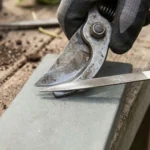 Como afiar tesoura de poda corretamente com lima manual, mantendo o ângulo da lâmina para um corte limpo e preciso