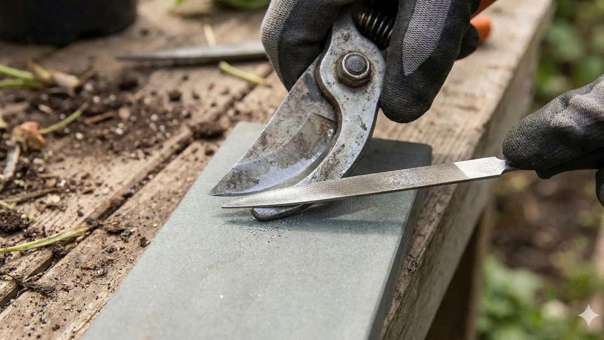 Como afiar tesoura de poda corretamente com lima manual, mantendo o ângulo da lâmina para um corte limpo e preciso