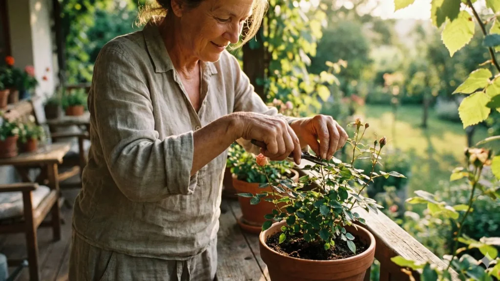 Mulher realizando poda cuidadosa em planta em vaso usando tesoura de poda bem mantida, mostrando como afiar tesoura de poda faz diferença no cuidado com o jardim