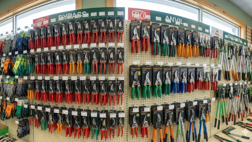 Exposição com vários modelos de tesoura de poda, mostrando como escolher a melhor tesoura de poda para o jardim conforme tipo de planta e uso