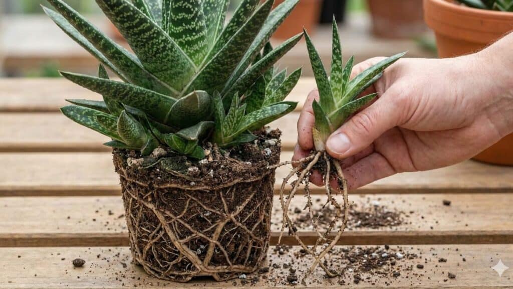 Como fazer mudas de gasteria por divisão de touceiras, separando brotos com raízes saudáveis