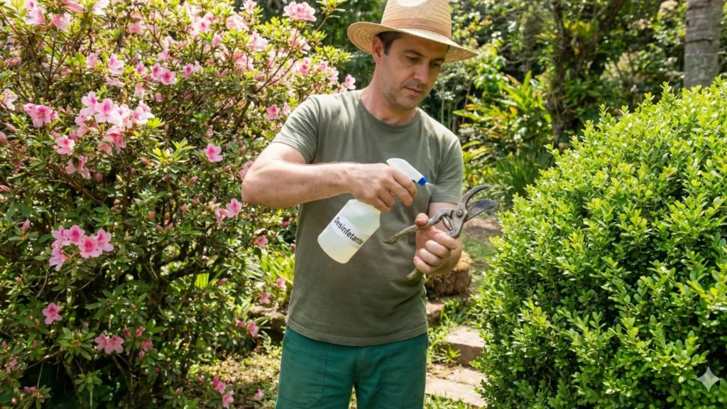 Como limpar tesoura de poda com produto desinfetante antes da poda no jardim