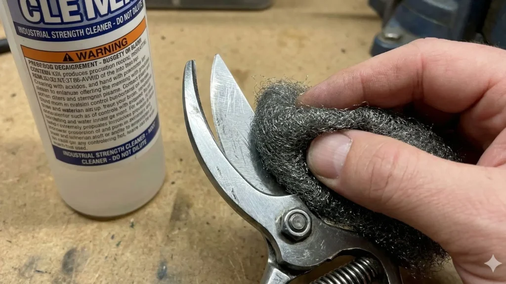 Como limpar tesoura de poda de forma incorreta usando palha de aço e produto abrasivo