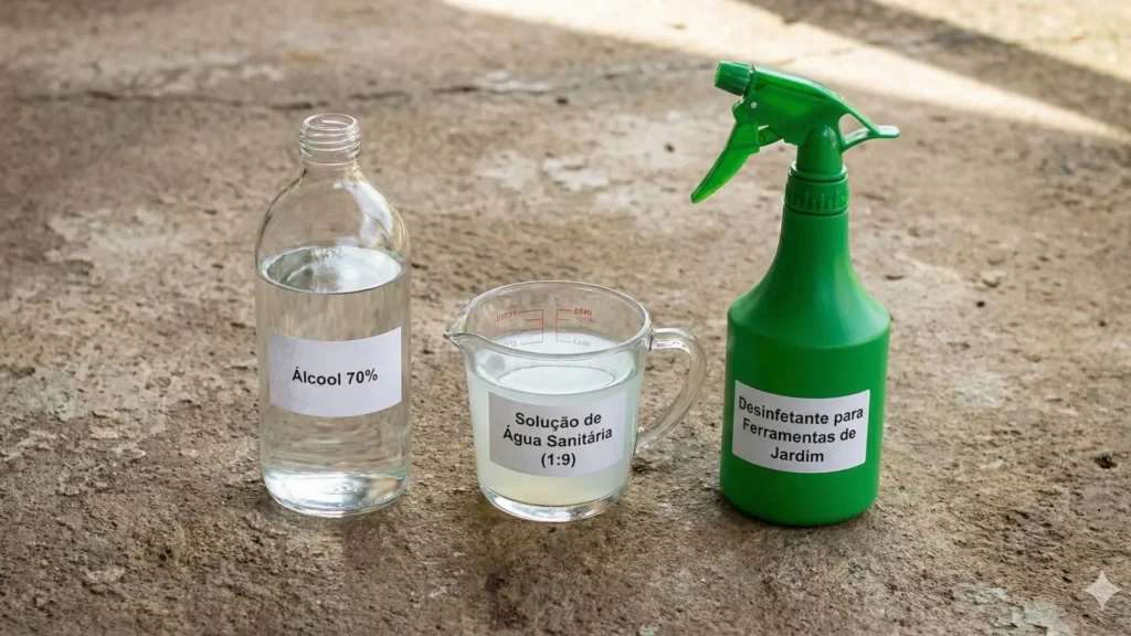 Como limpar tesoura de poda usando álcool 70%, solução de água sanitária e desinfetante
