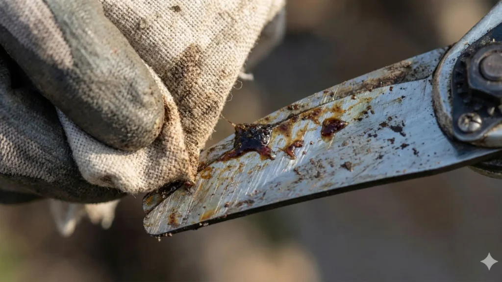 Como limpar tesoura de poda removendo seiva e sujeira da lâmina com pano
