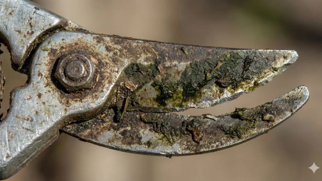 Como limpar tesoura de poda suja com resíduos de seiva e sujeira acumulada na lâmina