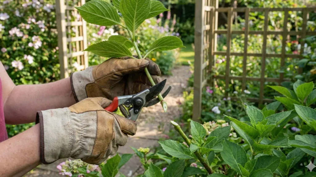 Tesoura de poda sendo usada corretamente em galho saudável, destacando a importância da manutenção e do cuidado com a ferramenta