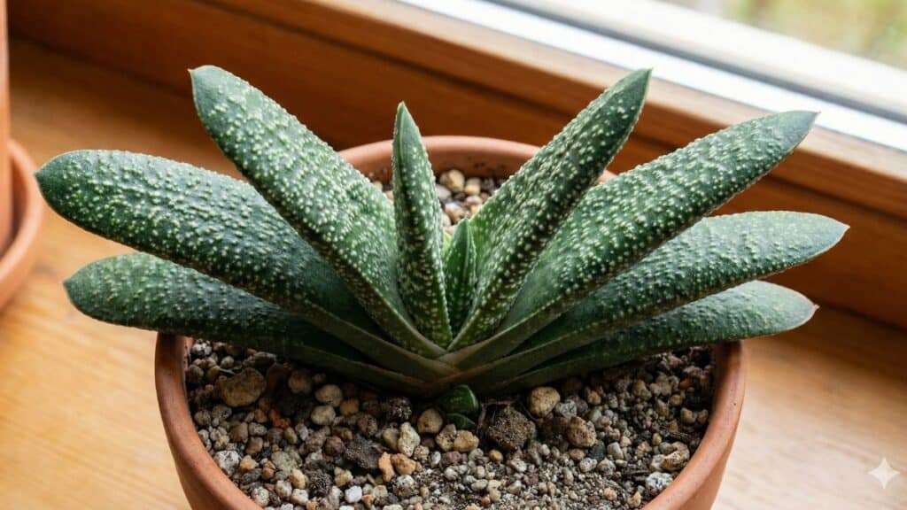 Gasteria com folhas grossas e textura pontilhada cultivada em vaso, destacando características típicas da suculenta