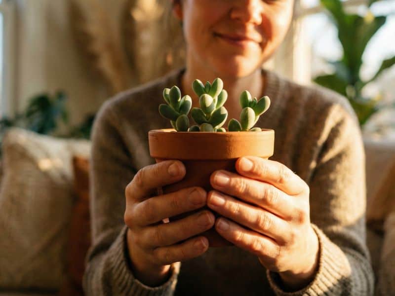Pessoa segurando vaso com suculenta coração partido, representando cuidado e orientação para quem compra essa planta