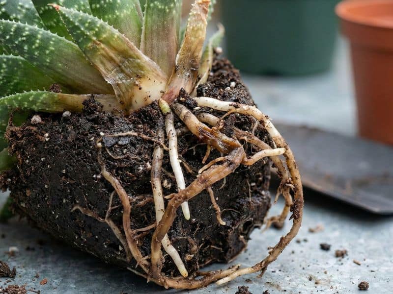Raízes da aloe aristata apodrecidas devido ao excesso de água e substrato encharcado
