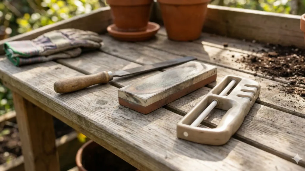 Ferramentas usadas para afiar tesoura de poda sem marcas incluindo pedra de afiar e lima manual