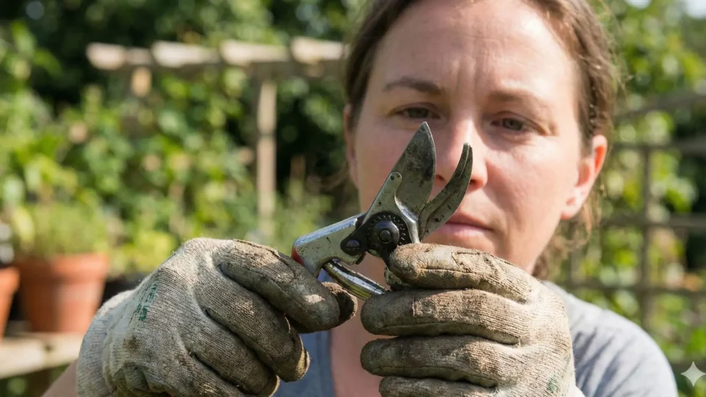Frequência ideal para afiar tesoura de poda observando o estado da lâmina antes do uso