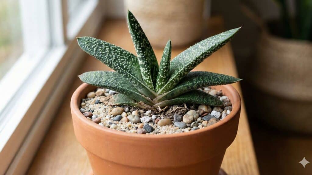 Gasteria cultivada dentro de casa em vaso de barro, posicionada próxima à janela com luz indireta natural.