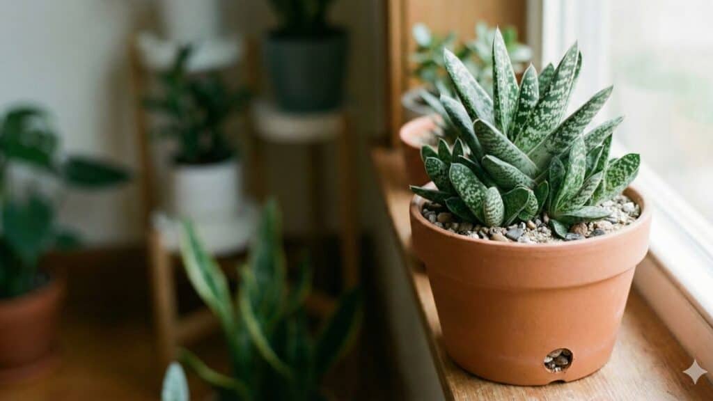 Gasteria cultivada em vaso próximo à janela, recebendo luz indireta ideal para crescimento saudável dentro de casa