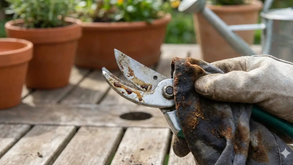 Limpeza da lâmina da tesoura de poda antes de afiar removendo sujeira e resíduos para garantir um corte preciso