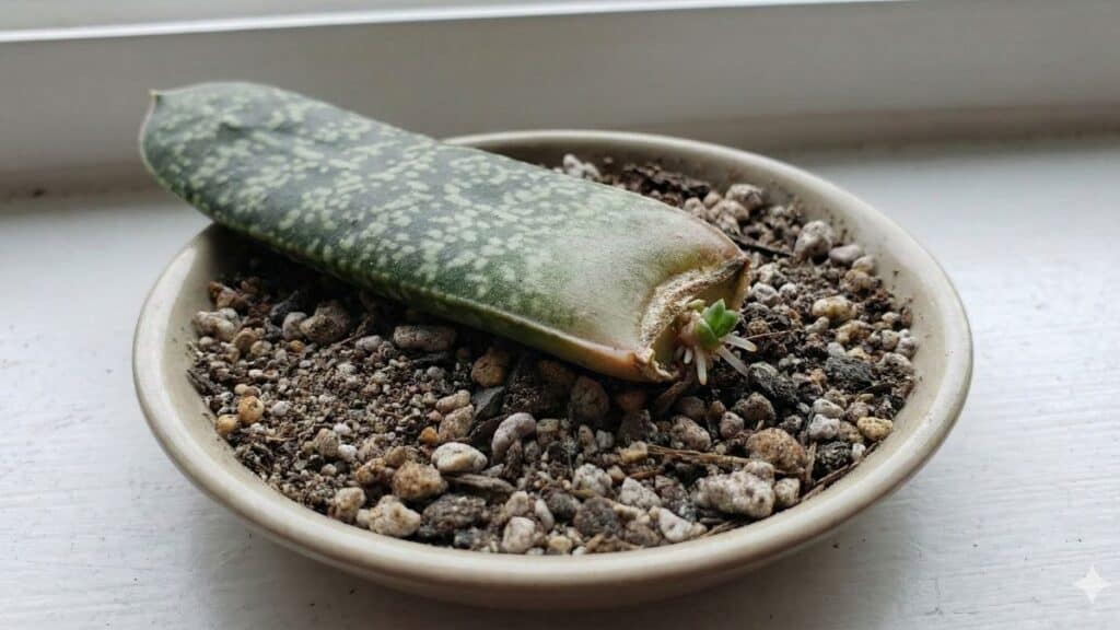 Muda de gasteria surgindo a partir de uma folha destacada, mostrando que é possível fazer mudas de gasteria por folhas