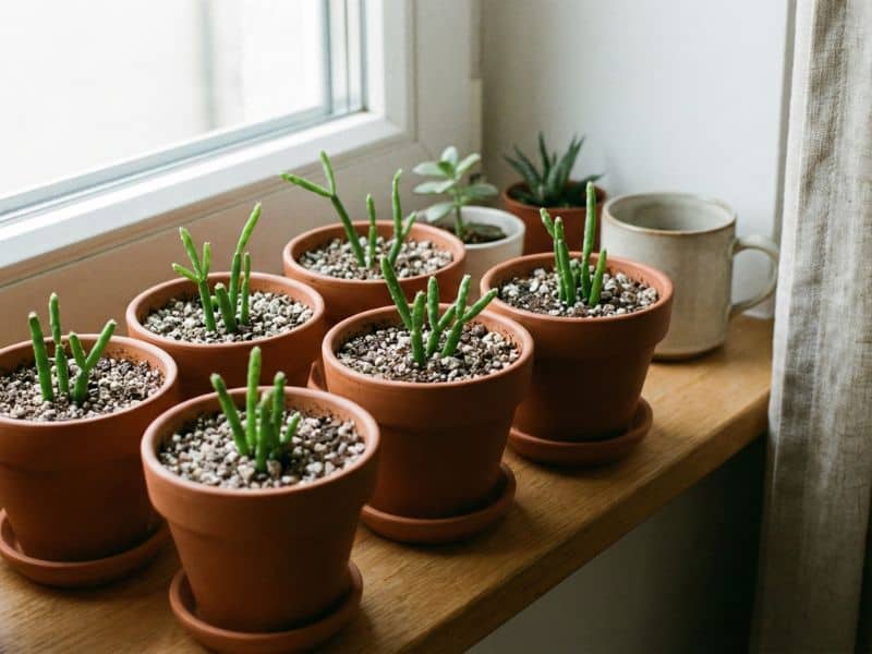 Mudas de rhipsalis macarrão recém-plantadas em pequenos vasos, mostrando a propagação por estaquia em ambiente interno iluminado