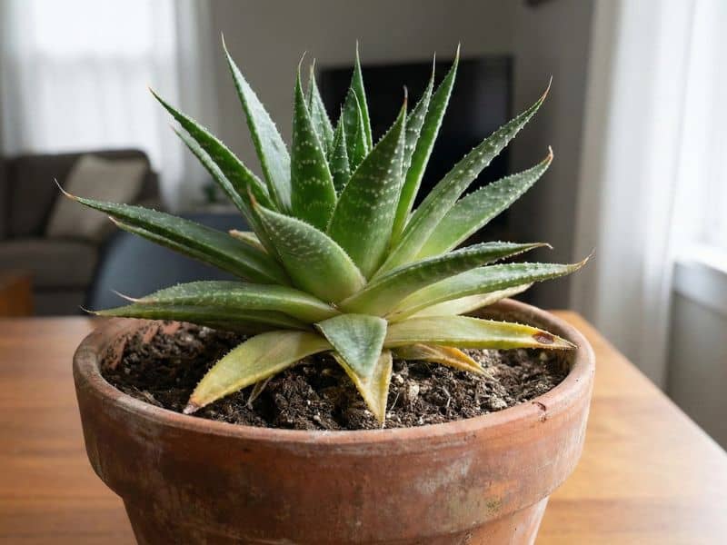 Aloe aristata em vaso apresentando folhas amareladas, sinal de problemas comuns no cultivo em ambiente interno