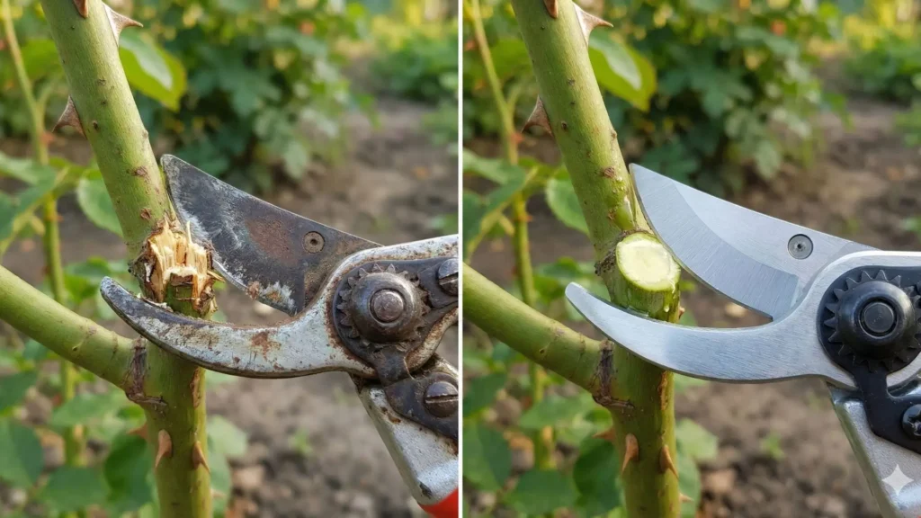 Quando saber que a tesoura de poda precisa ser afiada ao comparar corte irregular com corte limpo em galho verde