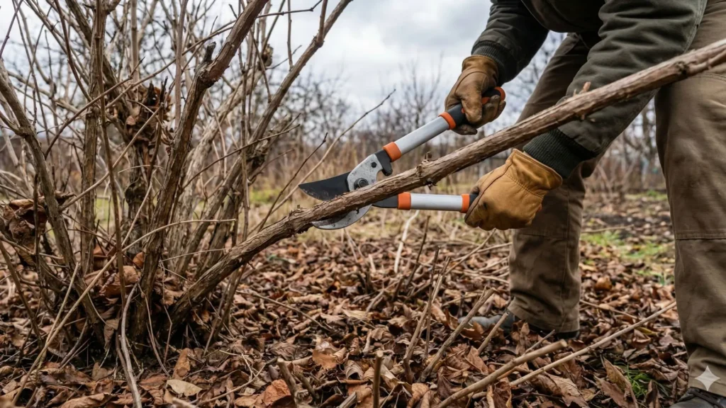 Tesoura de poda bigorna cortando galho seco e resistente, exemplo correto de quando usar tesoura de poda bigorna em madeira dura