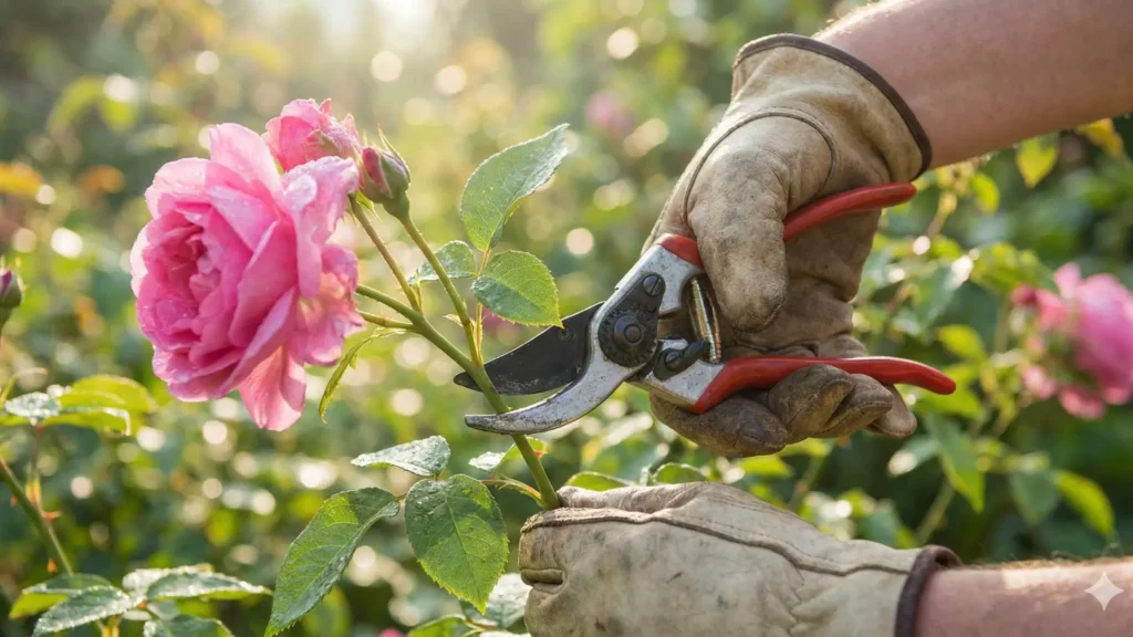 Tesoura de poda bypass sendo usada em galho verde de roseira, indicando quando usar tesoura de poda bypass em plantas vivas e tecidos jovens