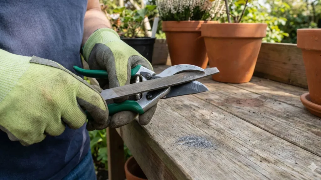 Pessoa afiando tesoura de poda com lima manual mostrando quantas passadas são suficientes ao aprender como afiar tesoura de poda corretamente