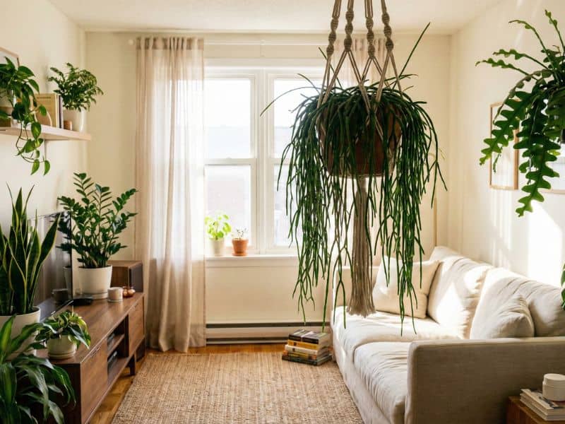 Rhipsalis macarrão cultivada dentro de casa, planta pendente com caules longos e finos em ambiente interno bem iluminado