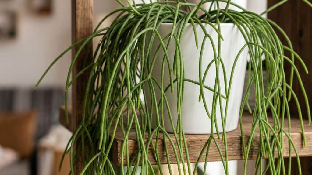 Rhipsalis macarrão cultivada em vaso decorativo, com caules longos e pendentes, ideal para ambientes internos bem iluminados