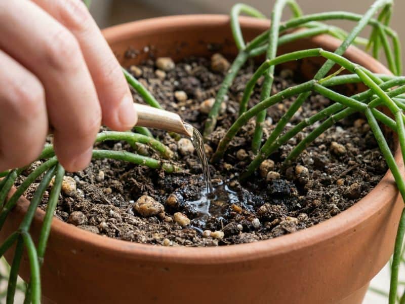 Rhipsalis macarrão sendo regada com cuidado em vaso, mostrando a forma correta de regar a planta sem encharcar o substrato