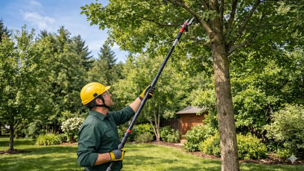 Segurança na poda de galhos altos com tesoura de poda adequada, evitando erros comuns em altura