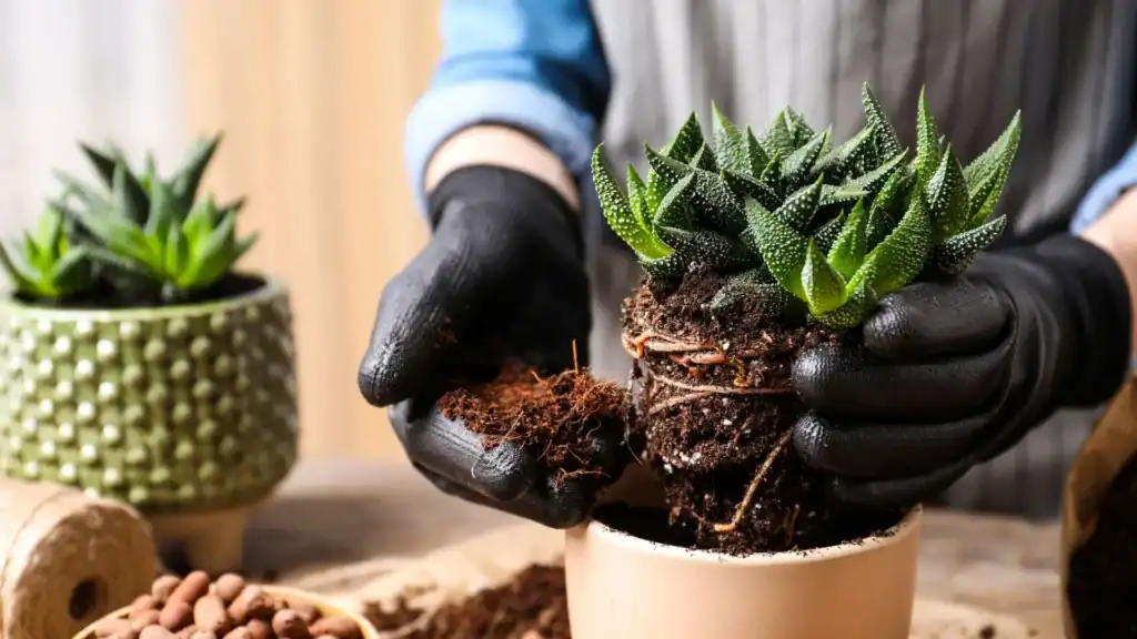 solo e drenagem recomendados para haworthia, com replante da suculenta em vaso