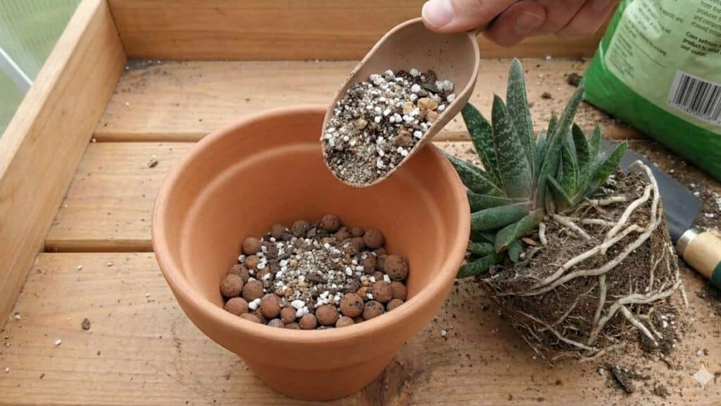 Solo ideal para gasteria com substrato bem drenável, mostrando mistura correta para evitar excesso de umidade nas raízes