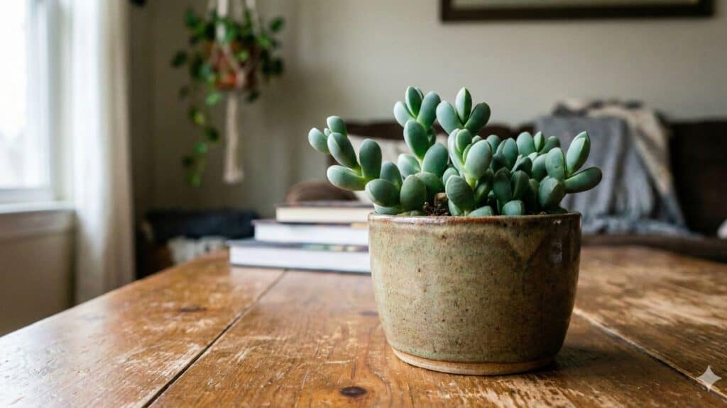 Suculenta ornamental em vaso de cerâmica sobre mesa de madeira, usada como imagem de capa do artigo sobre suculenta coração partido